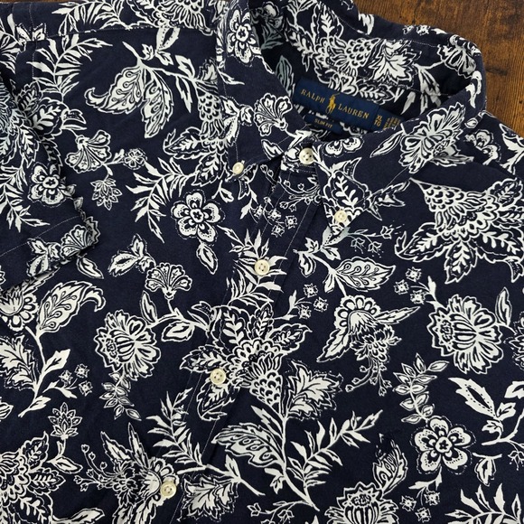 Polo‎ Ralph Lauren Men's Short Sleeve Button Down Blue White Floral Slim Fit XL - Picture 1 of 7